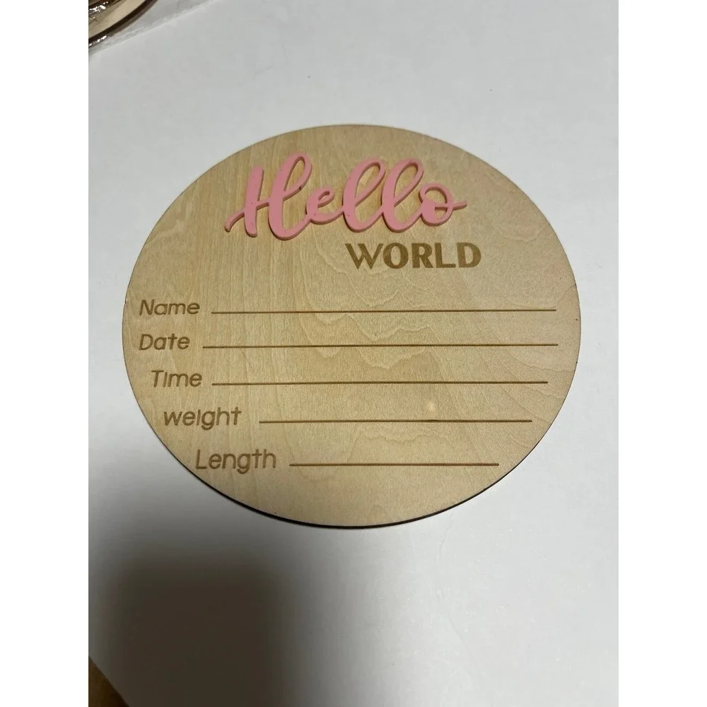 Hello World Pink wood Baby Announcement 6in‎ keepsake Hospital Newborn scrapbook